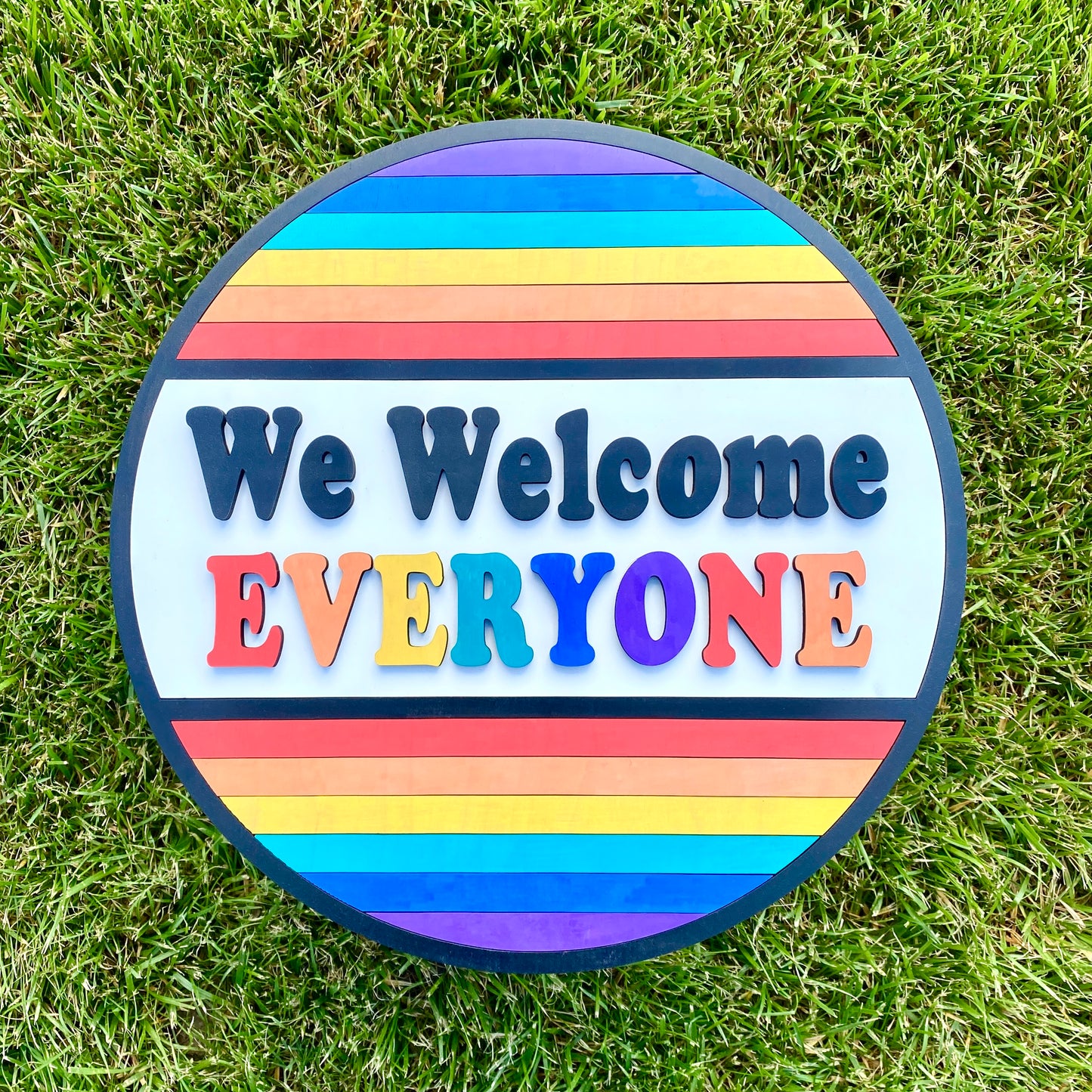 We Welcome Everyone Rainbow Pride LGBTQ Wood Door Hanger Sign