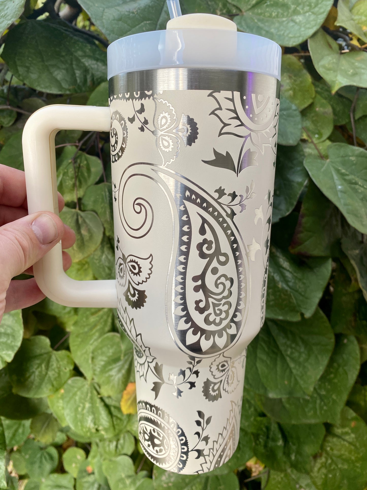40 oz. Full-Wrap Engraved Insulated “Stanley-Type” Tumbler (Creme Color)