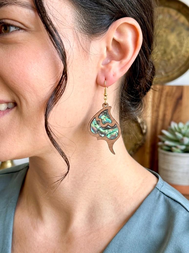 Abalone Shell Wood Earrings, Laser Cut Wooden Dangle Earrings, Boho Butterfly Earrings, Iridescent Shell Inlay Jewelry, Hypoallergenic Gift