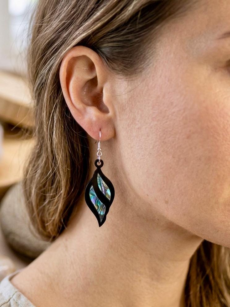 Abalone Shell Inlay Earrings, Laser Cut Black Acrylic Dangles, Geometric Iridescent Shell Jewelry, Modern Coastal Jewelry, Boho Chic