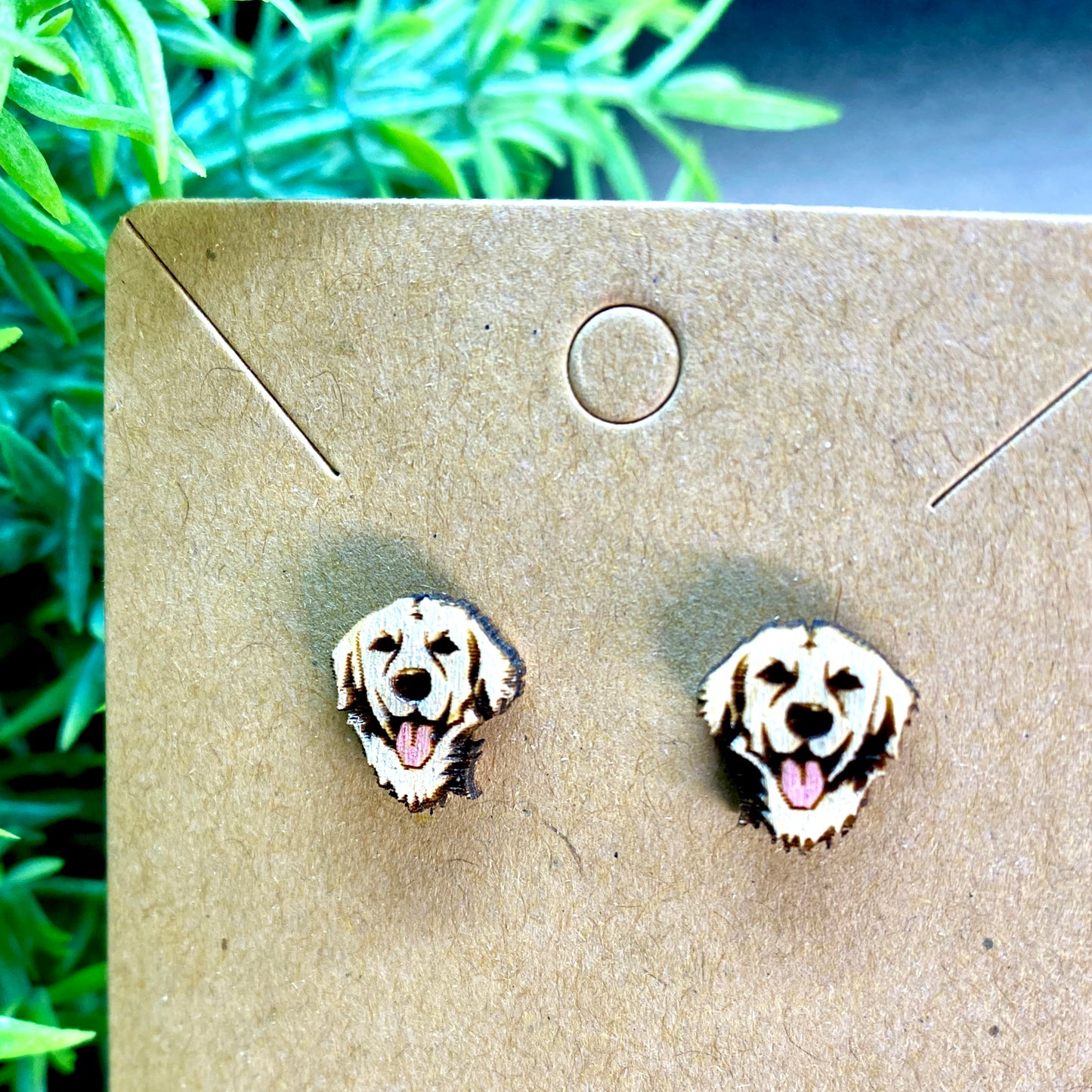 Golden Retriever Adult Dog Happy Face Wood Stud Earrings