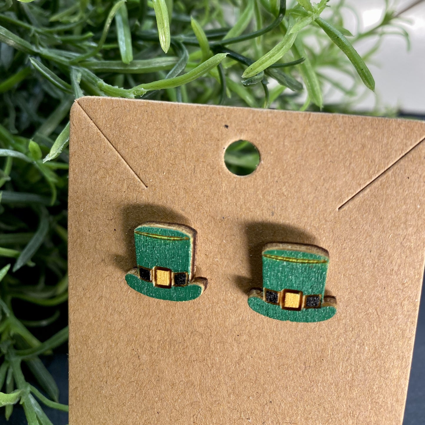 Leprechaun Hat Wood Stud Earrings