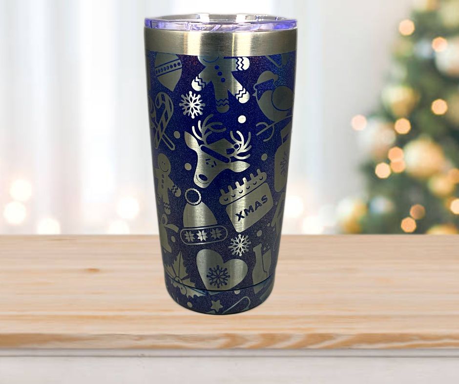 20 oz. Christmas Collage Pattern on Blue Shimmer Tumbler