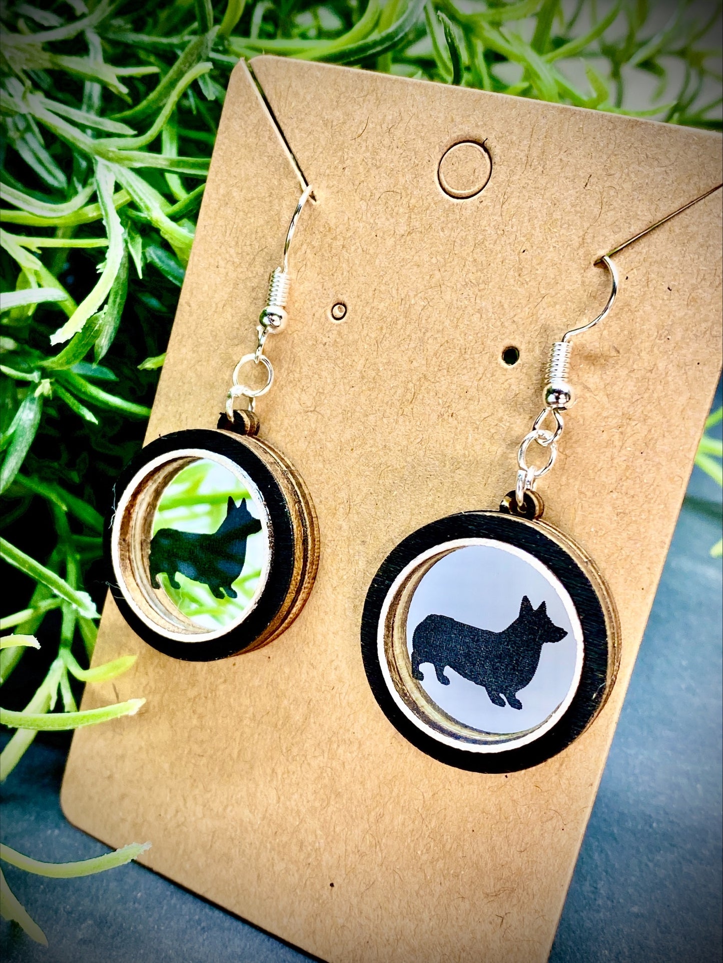 Corgi Silhouette Mirror and Wood Dangle Earrings