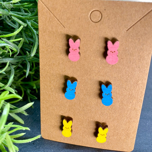 Marshmallow Peep Bunnies - 3 PACK - Wood Stud Earrings