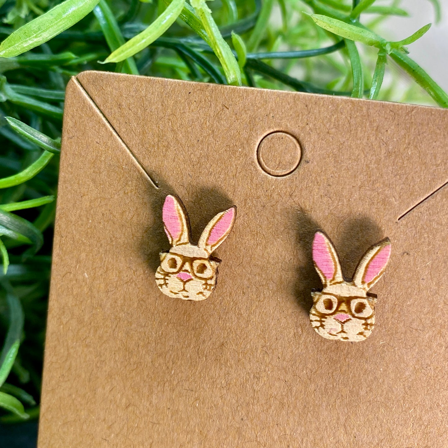 Bunny Rabbit with Glasses Wood Stud Earrings
