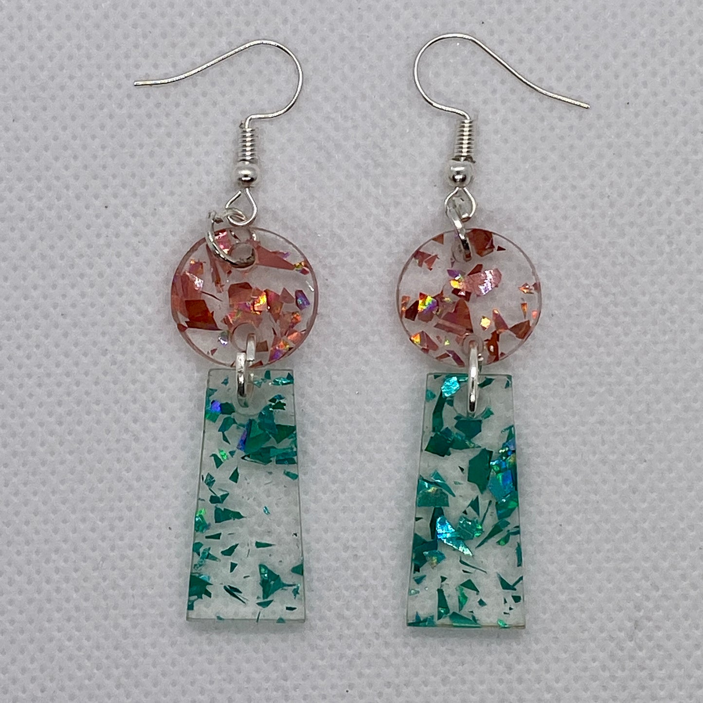 Teal and Pink Chunky Glitter Circle and Trapezoid Acrylic Earrings
