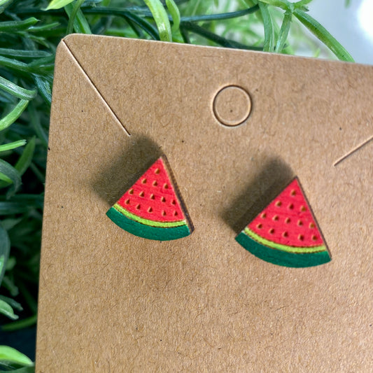 Watermelon Slice Wood Stud Earrings