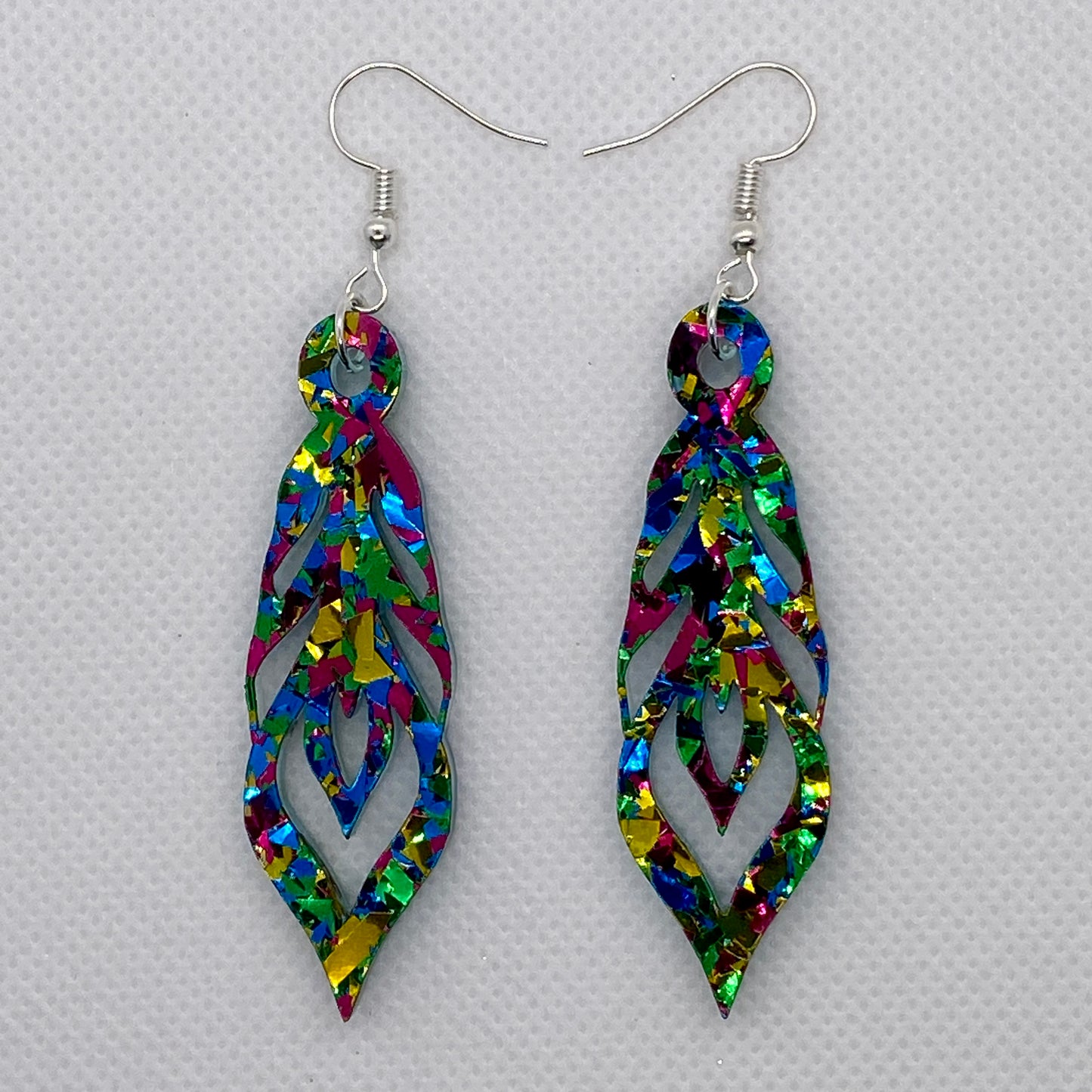 Reversible Peacock/Multicolor Acrylic Feather Earrings