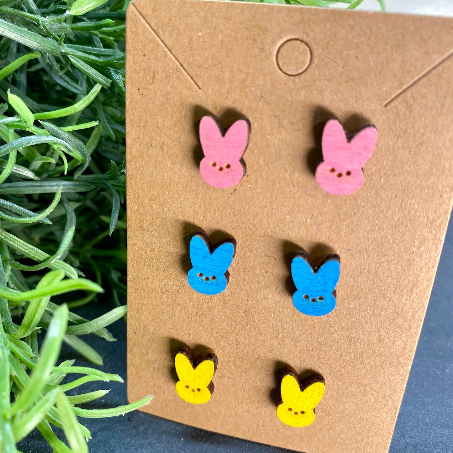Marshmallow Peep Bunny Head Wood Stud Earrings
