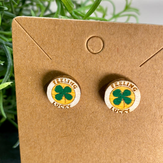 Feeing Lucky Green Shamrock Clover St. Patrick’s Day Wood Stud Earrings