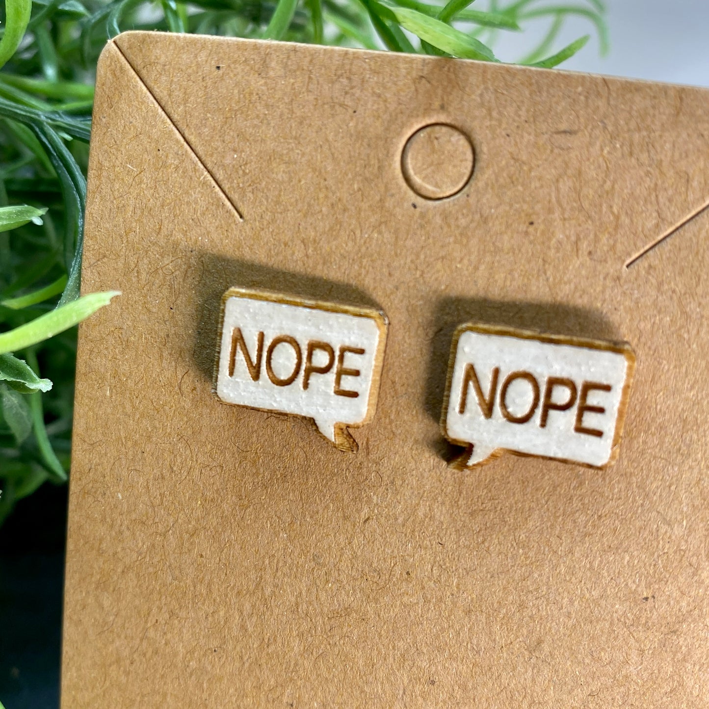 Nope Word Bubble Wood Stud Earrings