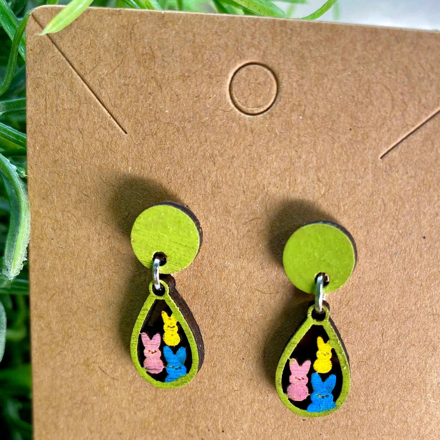 Mini Marshmallow Peep Bunnies Wood Dangle Stud Earrings