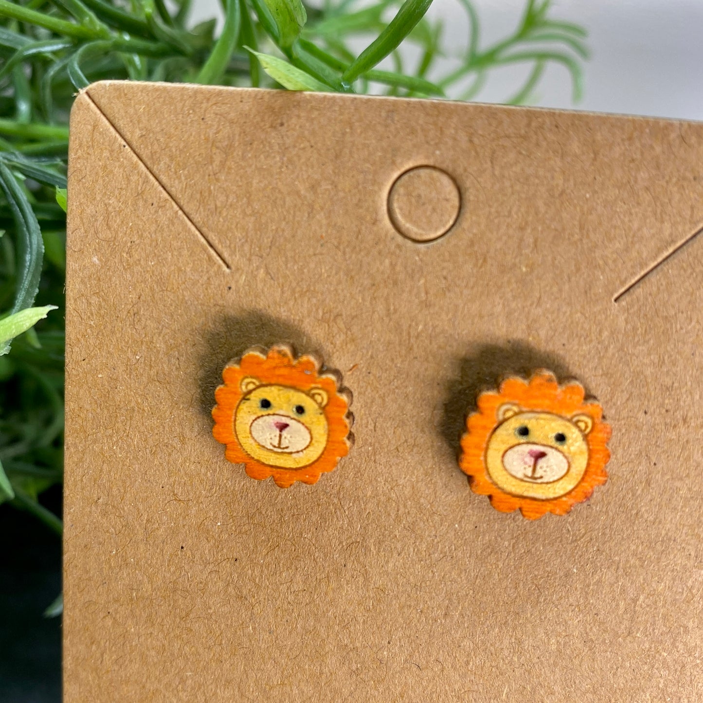 Lion Wood Stud Earrings