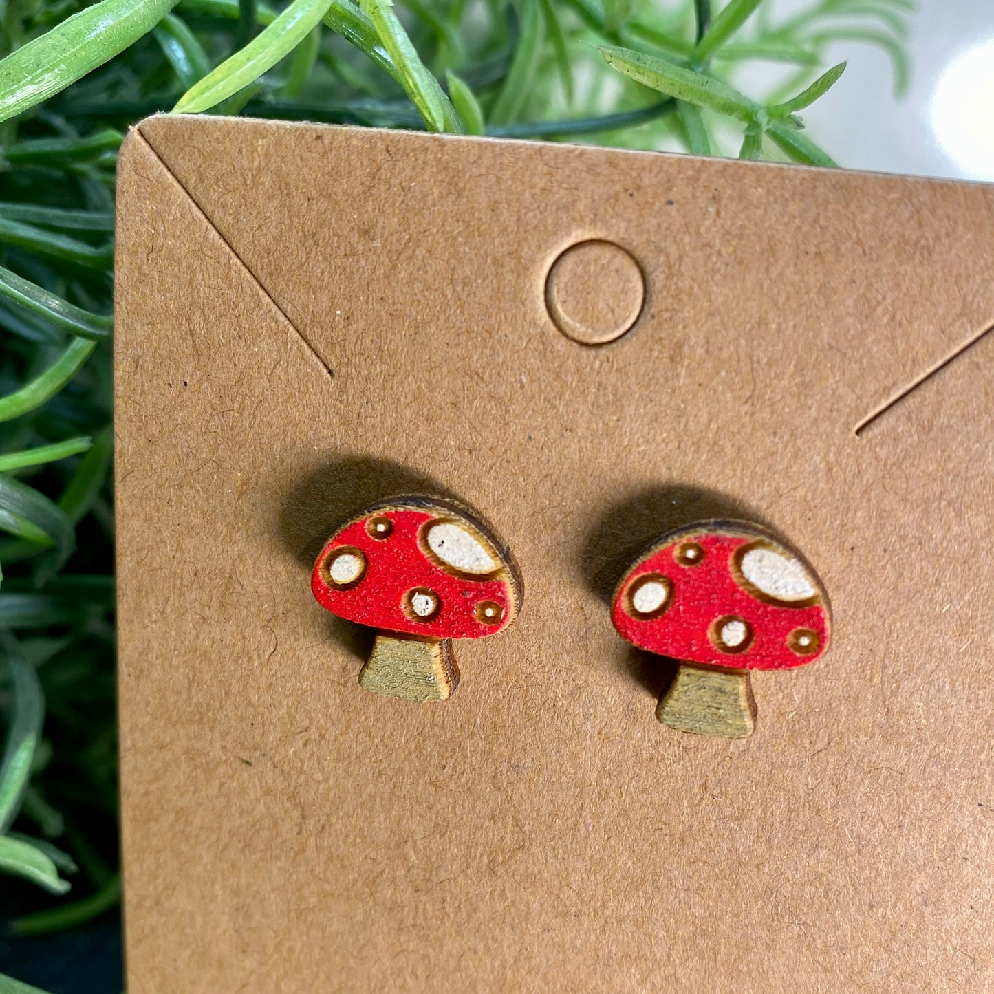 Toadstool Mushroom Wood Stud Earrings