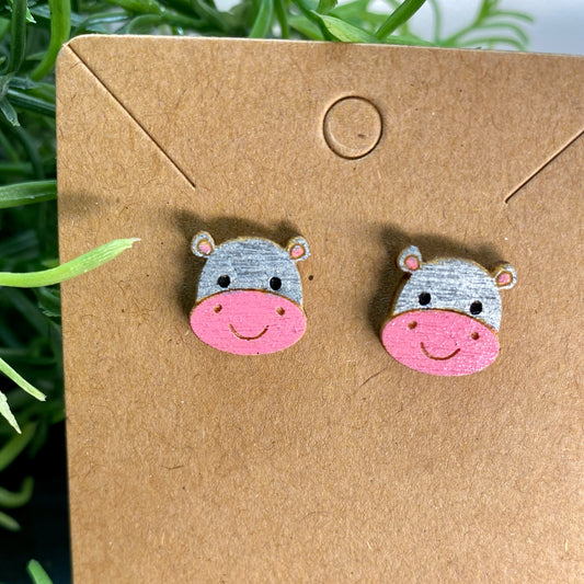 Hippo Wood Stud Earrings