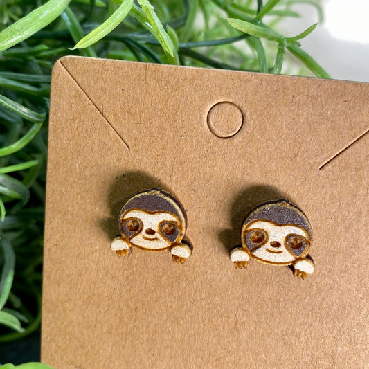 Sloth Face Wood Stud Earrings