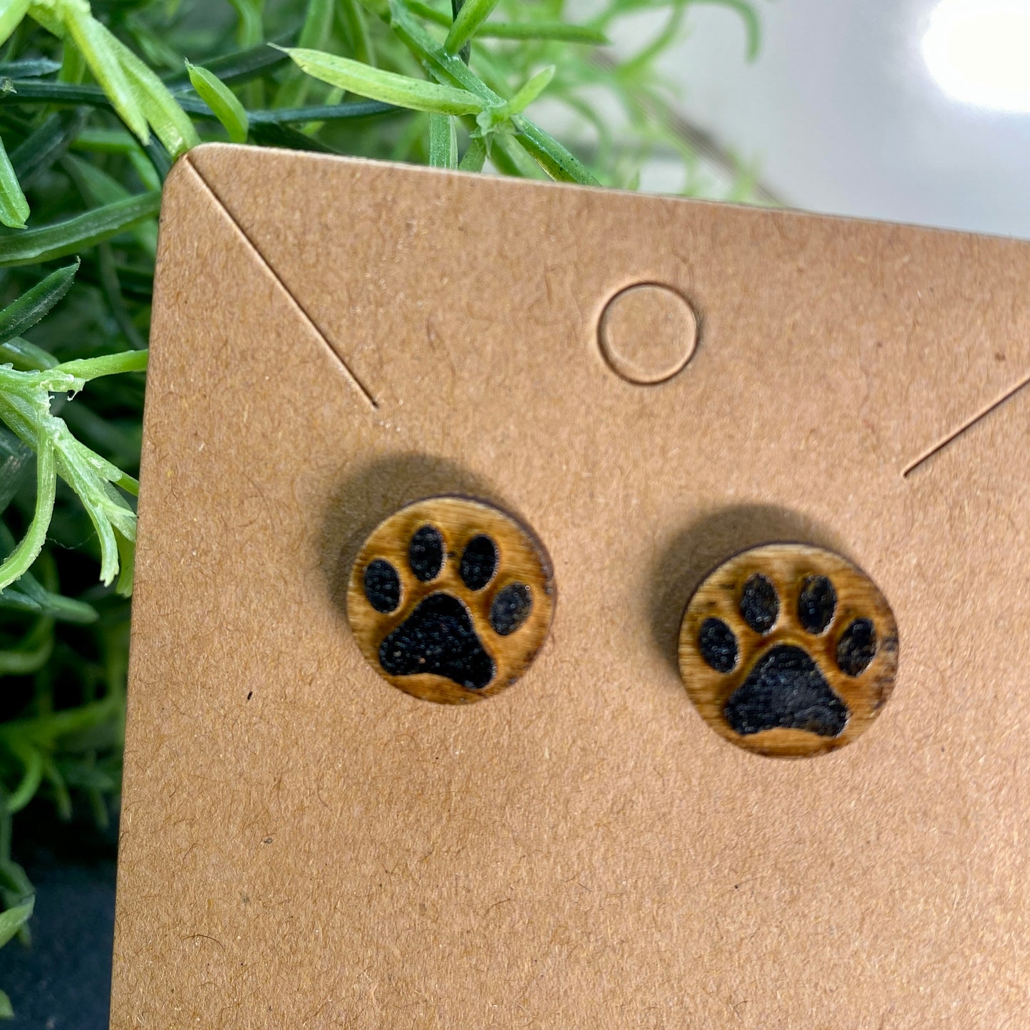 Paw Print Wood Stud Earrings