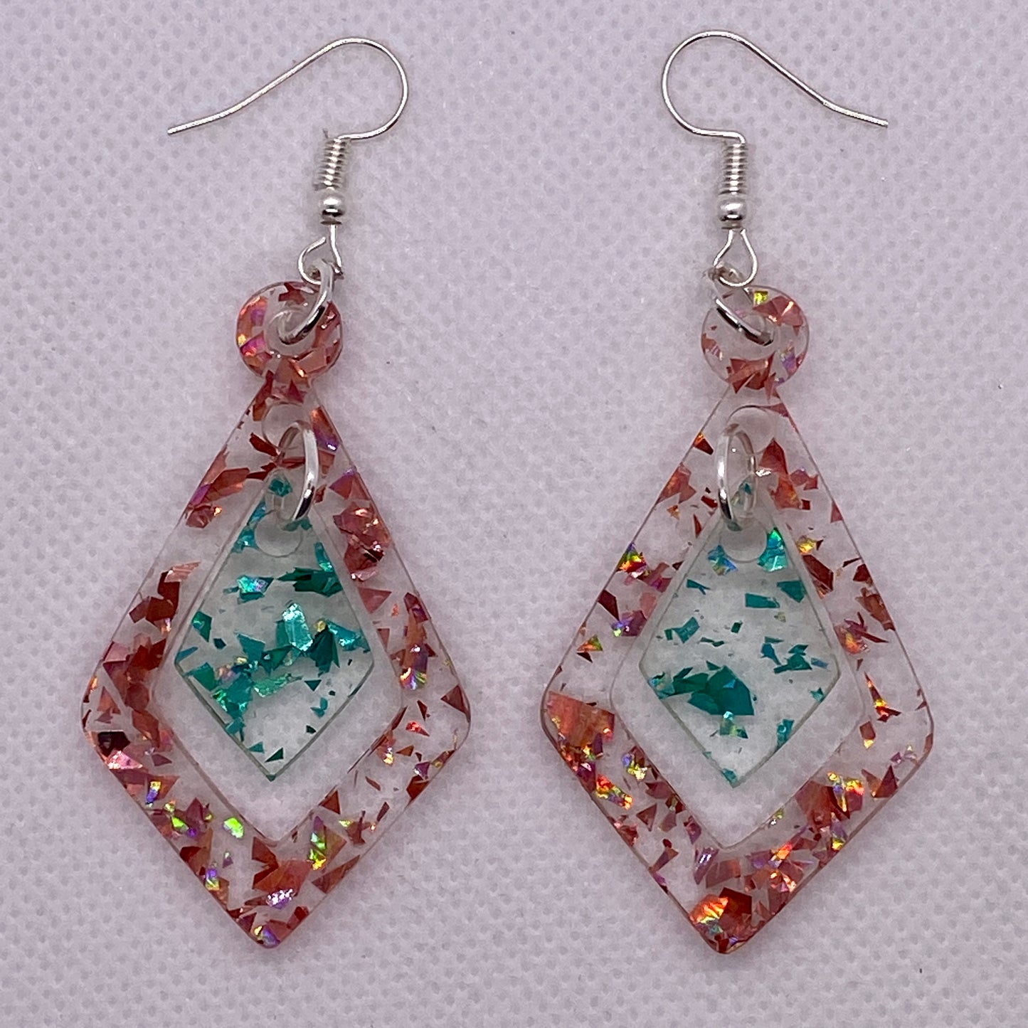 Teal and Pink Chunky Glitter Drop Diamond Shape Earrings
