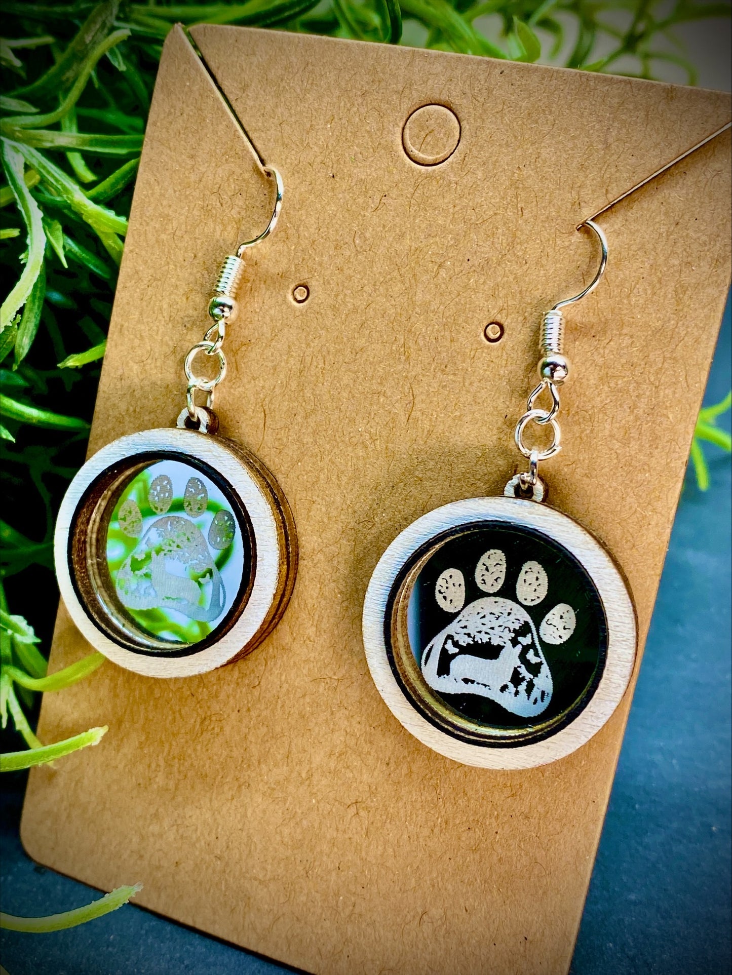 Corgi Paw Print Mirror and Wood Dangle Earrings