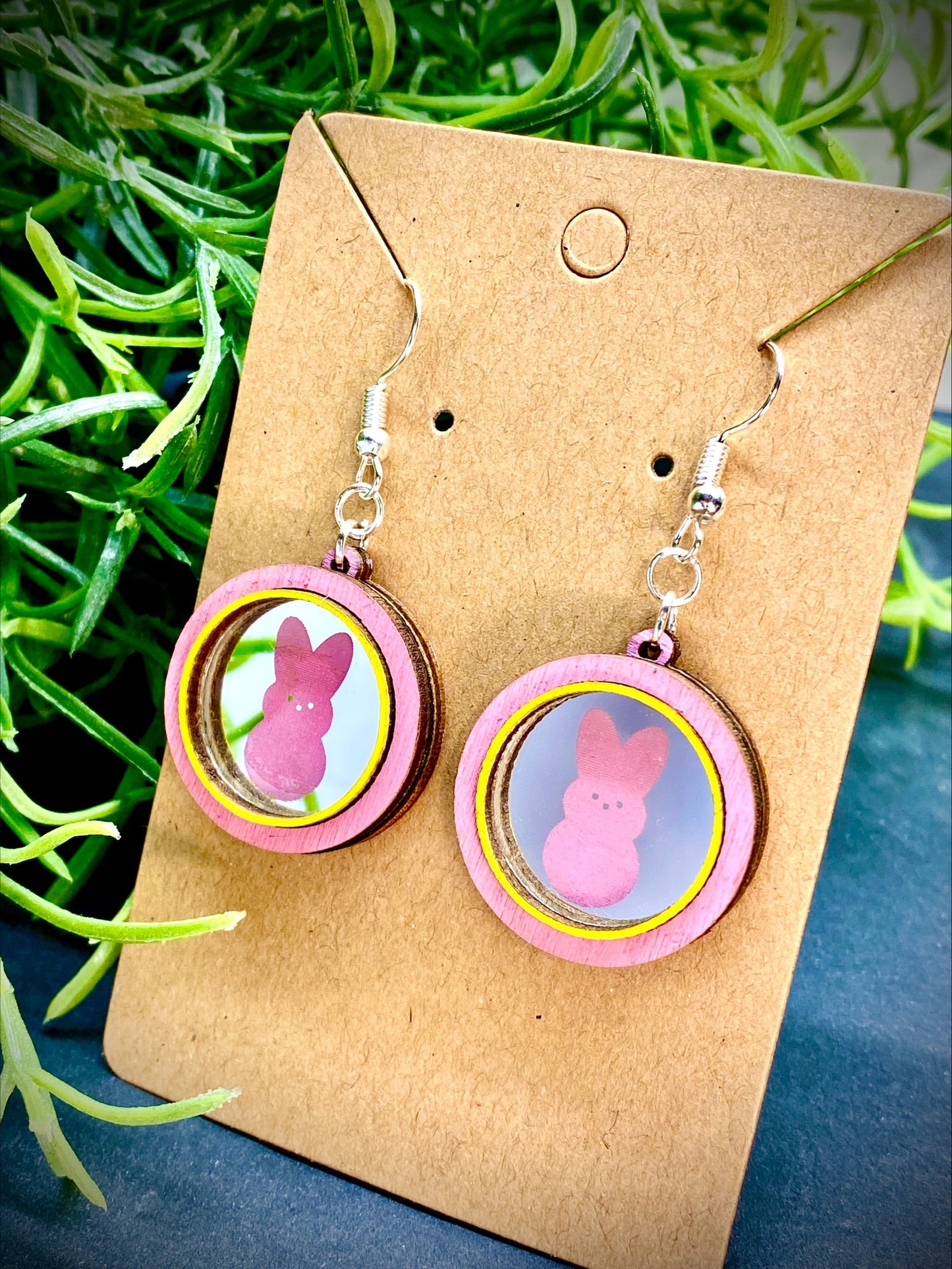 Easter Marshmallow Peep Bunny Rabbit Mirror and Wood Dangle Earrings