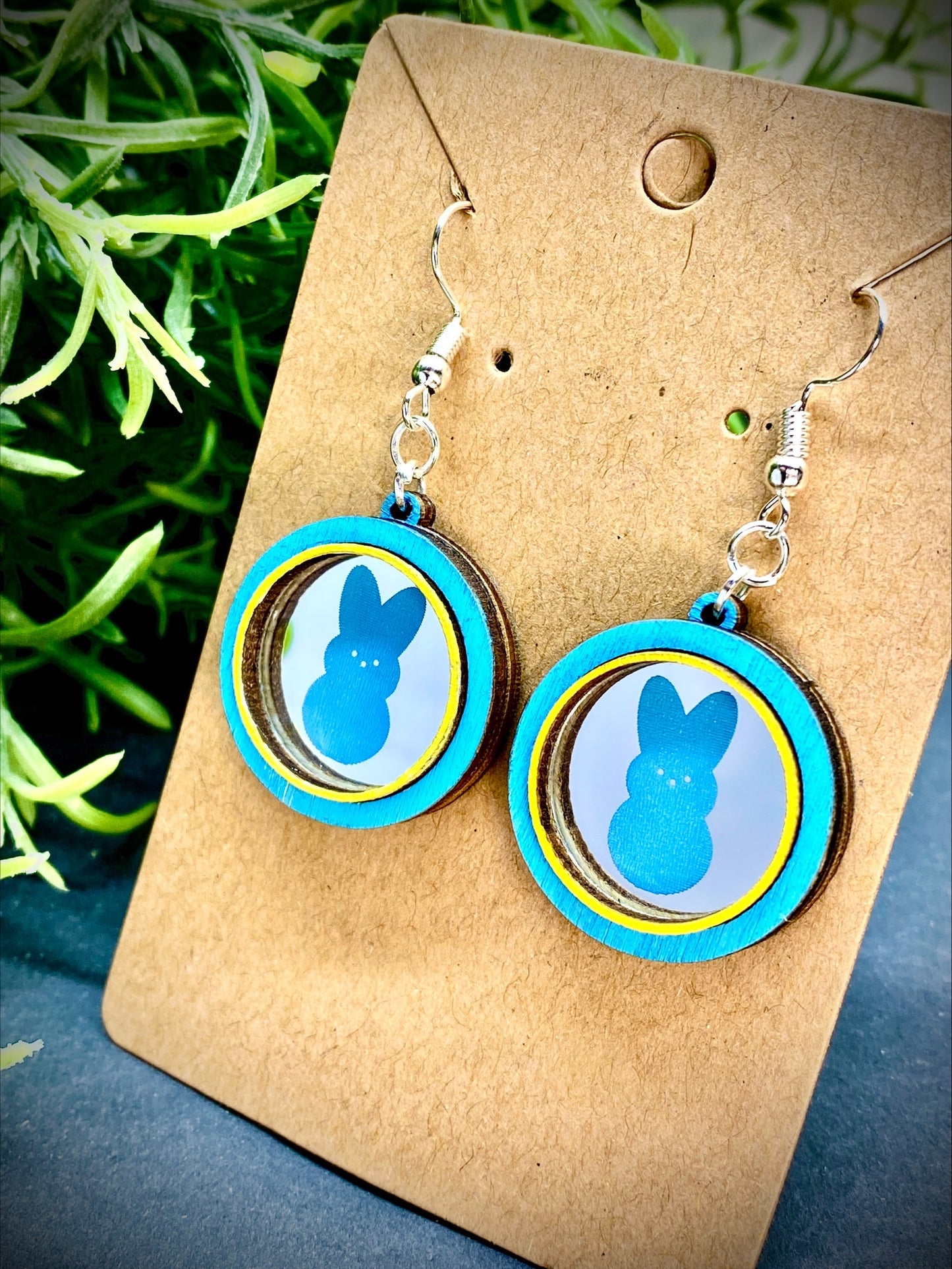 Easter Marshmallow Peep Bunny Rabbit Mirror and Wood Dangle Earrings