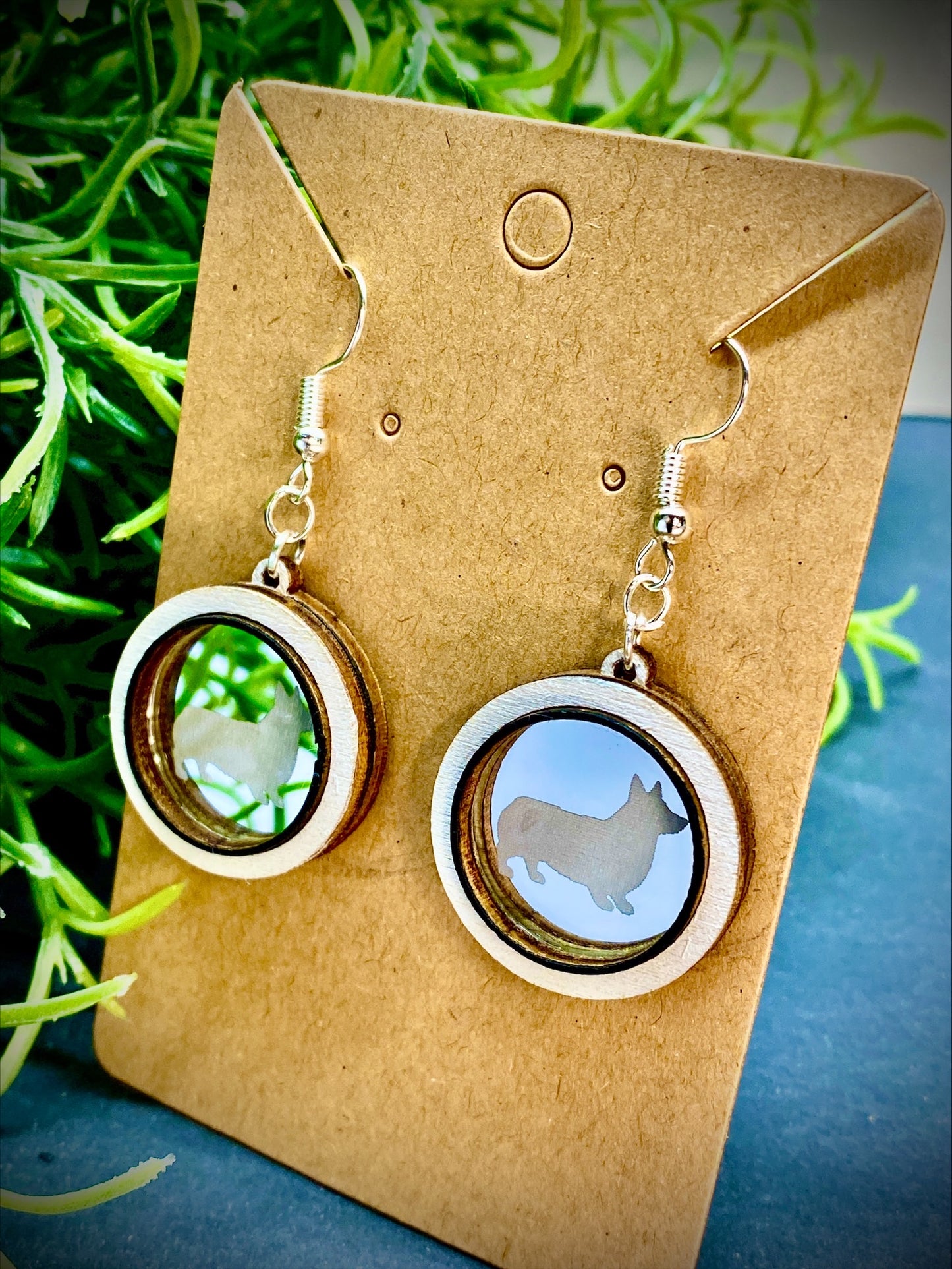 Corgi Silhouette Mirror and Wood Dangle Earrings