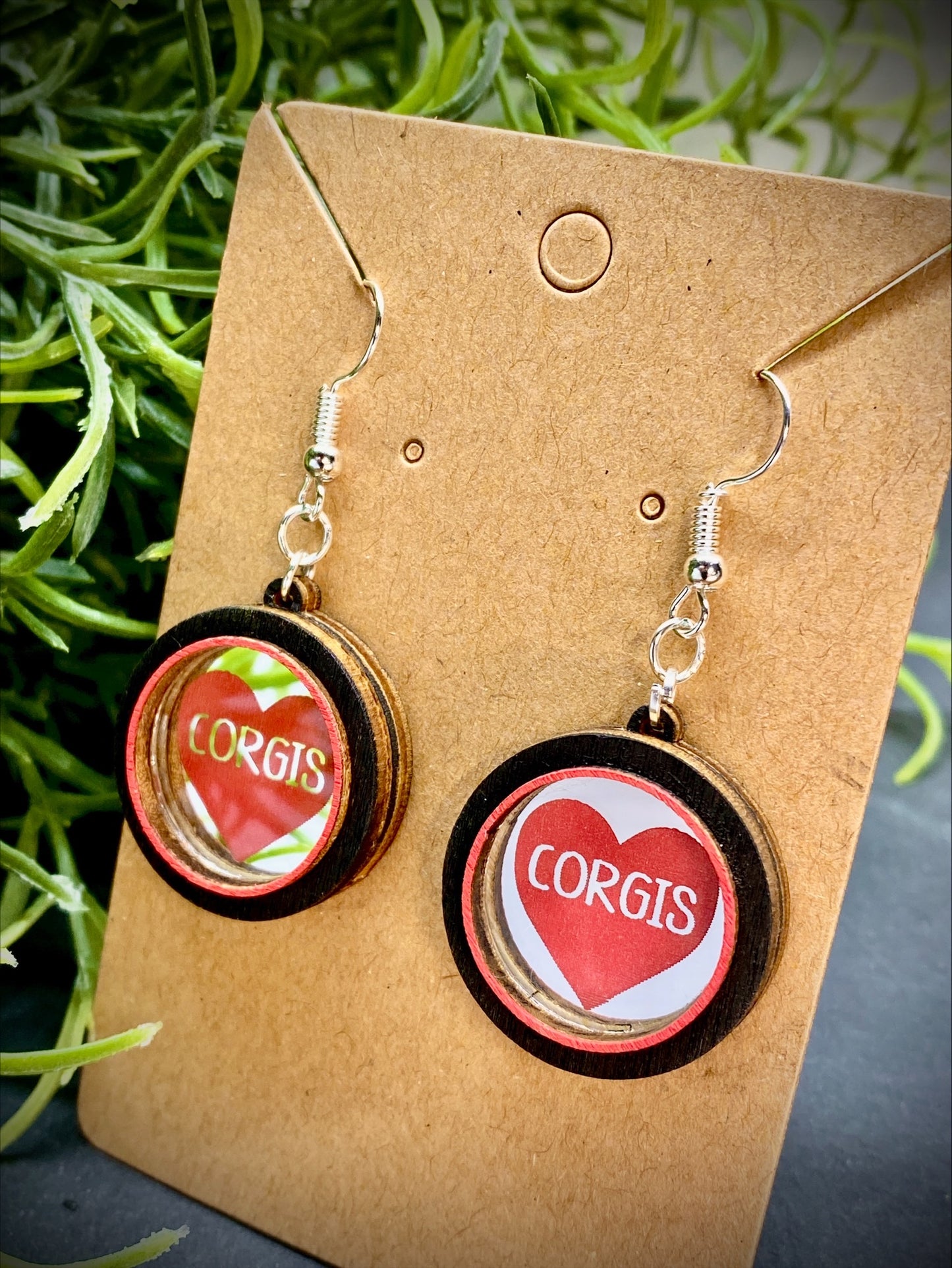 Red Heart Love Corgis Mirror and Wood Dangle Earrings