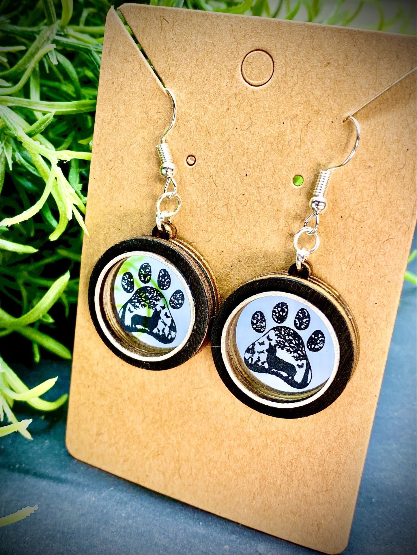 Corgi Paw Print Mirror and Wood Dangle Earrings
