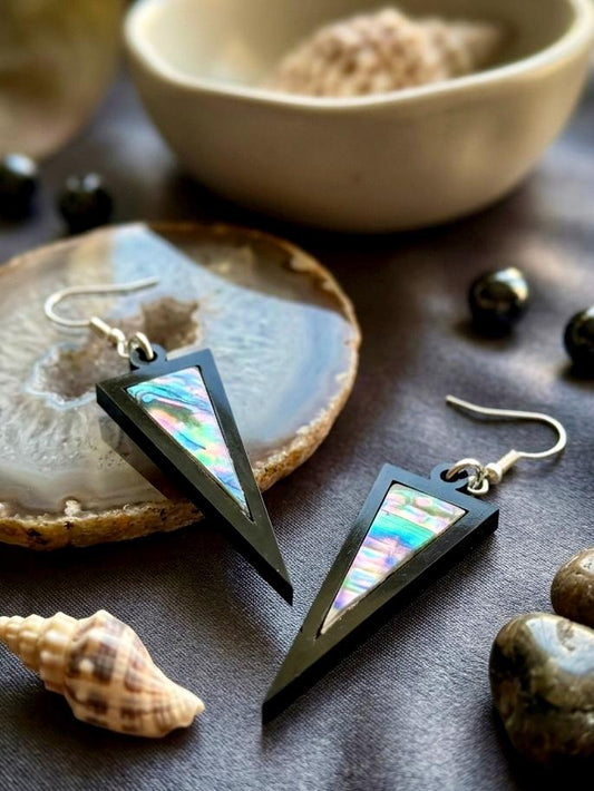 Abalone Shell Inlay Earrings, Geometric Triangle Dangle Earrings, Black Acrylic Laser Cut Jewelry, Iridescent Shell Drops, Gift for Her