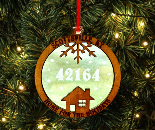 Zip Code, City, State Wood and Acrylic "Home For The Holidays" Christmas Tree Ornament