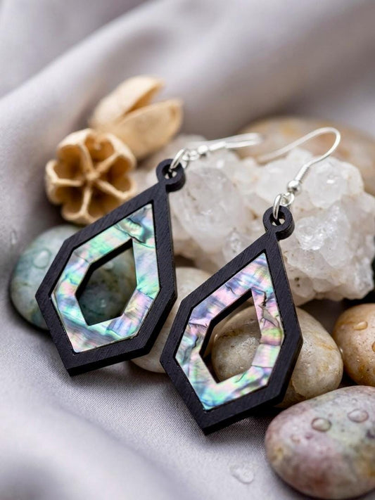 Abalone Shell Earrings, Laser Cut Black Acrylic Geometric Drop Earrings, Iridescent Shell Inlay Jewelry, Hypoallergenic Steel, Gift for Her