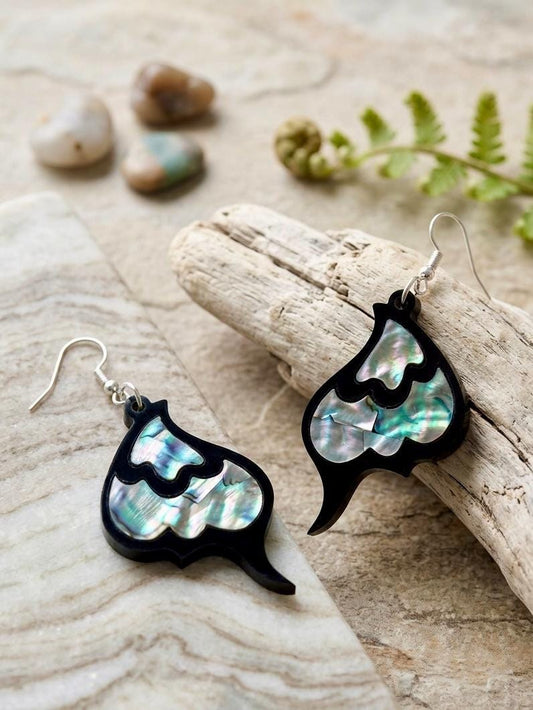 Abalone Shell Inlay Earrings, Laser Cut Black Acrylic Dangles, Iridescent Butterfly Drop Earrings, Hypoallergenic Silver Gold Jewelry, Boho