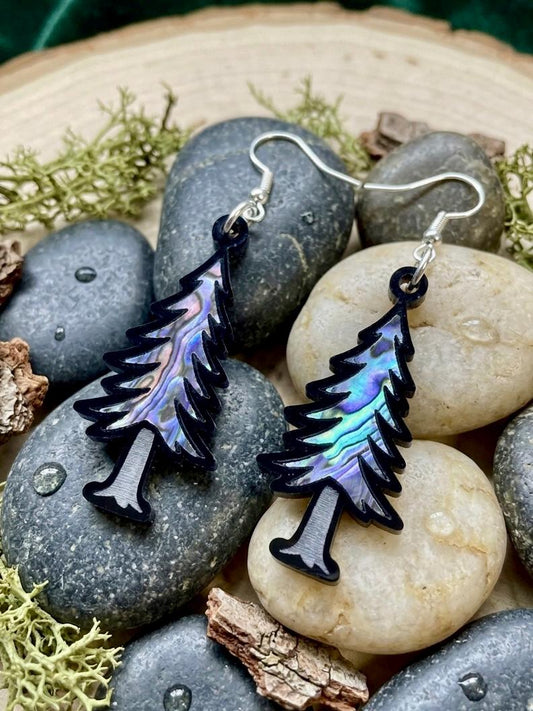 Abalone Shell Pine Tree Earrings, Laser Cut Black Acrylic Evergreen Dangles, Nature Lover Gift, Surgical Steel Silver Gold Forest Jewelry