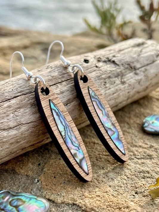 Abalone Shell Inlay Wood Earrings, Laser Cut Wooden Drop Earrings, Iridescent Minimalist Boho Jewelry, Natural Coastal Beach, Gift for Her