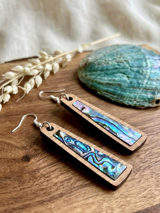 Abalone Shell Inlay Earrings Laser Cut Wood, Iridescent Boho Dangle Earrings, Wooden Inlay Jewelry, Gift for Her, Modern Coastal