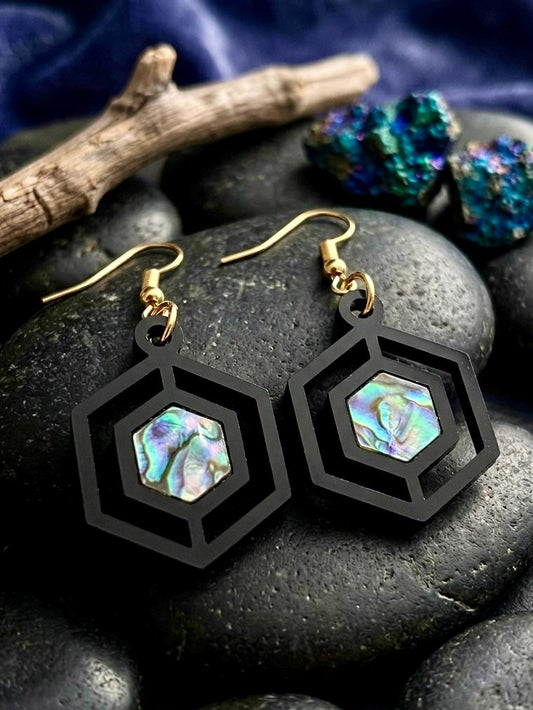Geometric Hexagon Earrings, Laser Cut Black Acrylic Dangles, Genuine Abalone Shell Inlay, Modern Art Deco Jewelry, Gift for Her