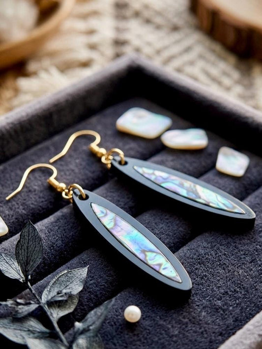 Abalone Shell Inlay Earrings, Laser Cut Black Acrylic Marquise Dangles, Modern Geometric Drop Earrings, Paua Shell Jewelry, Gift for Her