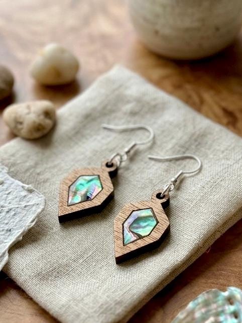 Abalone Shell Inlay Wood Earrings, Laser Cut Geometric Drop Earrings, Nature Inspired Boho Jewelry, Nickel Free Surgical Steel, Coastal Chic