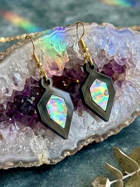 Abalone Shell Inlay Earrings, Black Acrylic Geometric Dangle Earrings, Iridescent Mermaid Jewelry Unique Gift for Her, Coastal Fashion