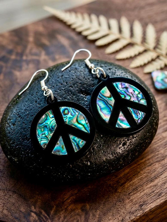 Abalone Shell Peace Sign Earrings, Laser Cut Black Acrylic Dangles, Boho Iridescent Shell Jewelry, Stainless Hypoallergenic Gift for Her