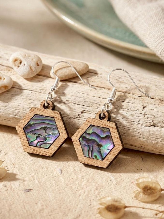 Abalone Shell and Wood Hexagon Earrings, Geometric Laser Cut Wooden Dangles, Delicate Iridescent Shell Inlay Jewelry, Gift for Her