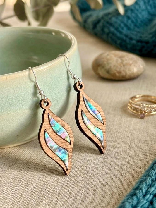 Wood and Abalone Shell Earrings, Laser Cut Wooden Dangles, Genuine Paua Shell Inlay, Boho Coastal Jewelry, Hypoallergenic Gift for Her
