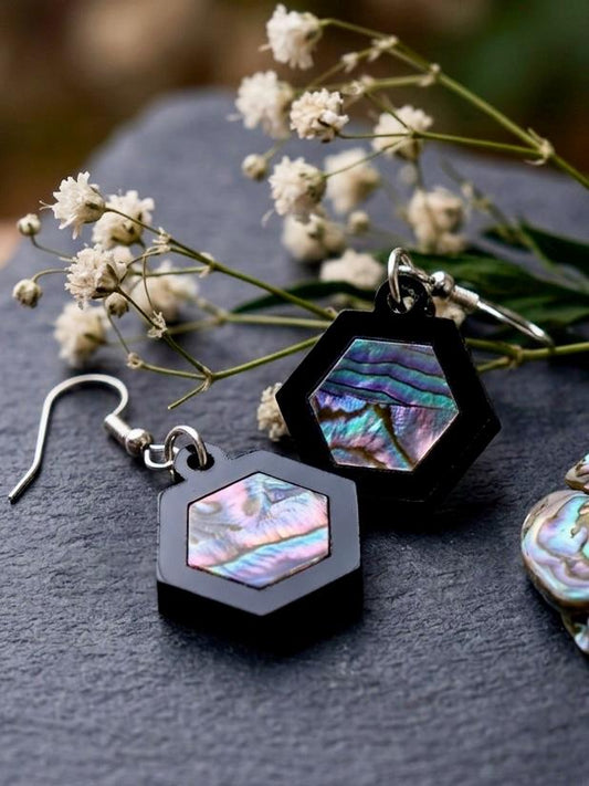 Abalone Shell Hexagon Earrings, Laser Cut Black Acrylic Geometric Dangles, Genuine Paua Inlay Jewelry, Minimalist Boho Gift for Her