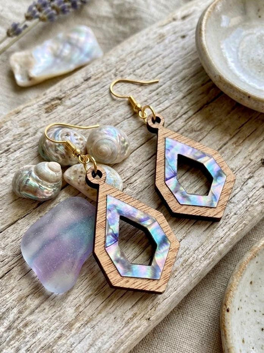 Laser Cut Wood and Abalone Earrings, Geometric Teardrop Inlay Dangles, Natural Shell Jewelry, Iridescent Boho Gift for Her, Hypoallergenic
