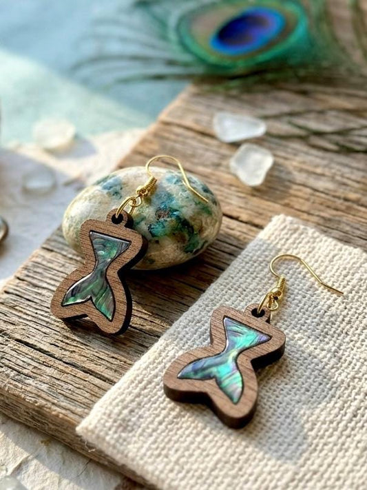 Abalone Shell Mermaid Tail Earrings, Laser Cut Wood Inlay Jewelry, Dainty Ocean Beach Earrings, Hypoallergenic Surgical Steel Gold Silver
