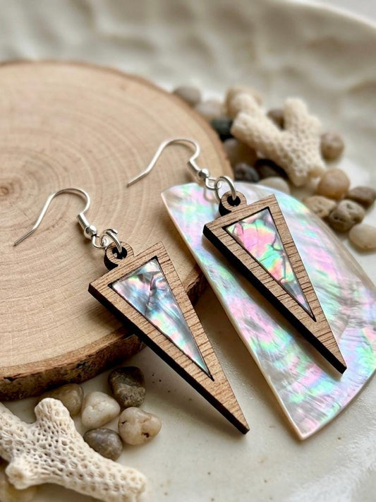 Laser Cut Wood and Abalone Shell Geometric Earrings, Iridescent Dangle Earrings, Boho Inlay Statement Jewelry, Hypoallergenic Gift for Her