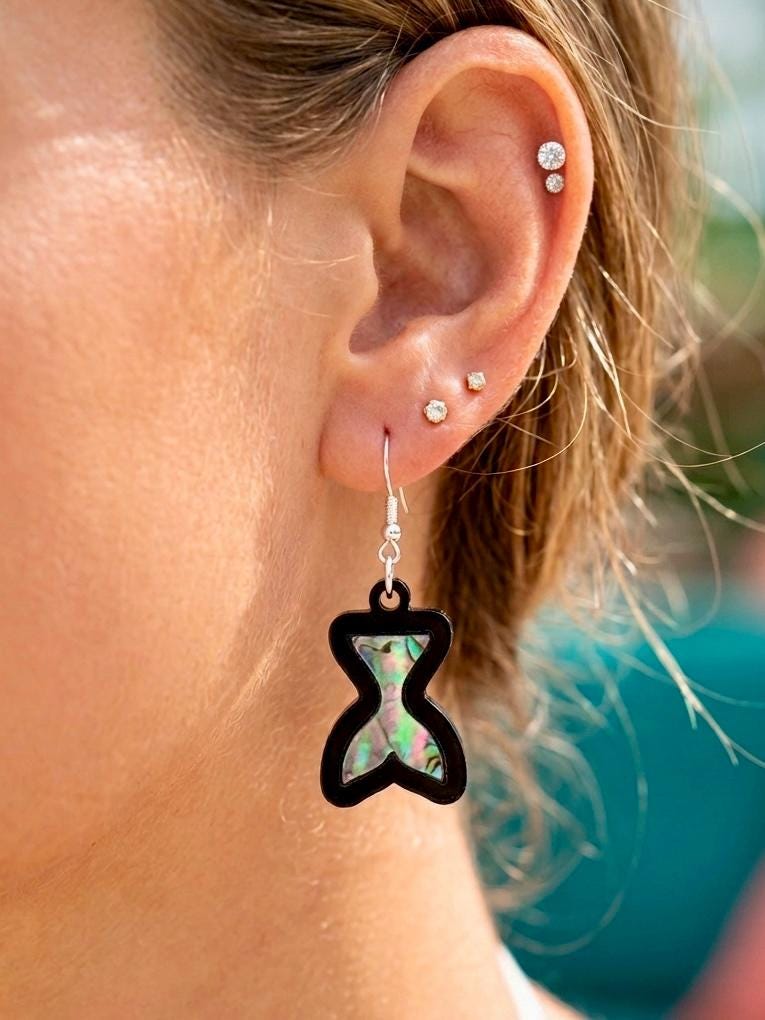 Abalone Shell Mermaid Tail Earrings, Black Acrylic Inlay Coastal Dangles, Cute Ocean Beach Jewelry, Surgical Stainless Steel, Gift for Her