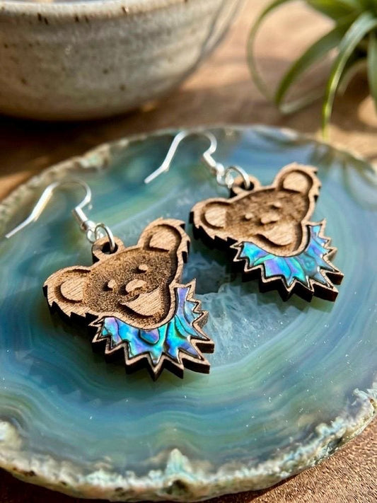 Grateful Dead Bear Earrings, Abalone Inlay Wood Jewelry, Boho Wooden Dangle Earrings, Grateful Dead Inspired Dancing Bear, Gifts for Her