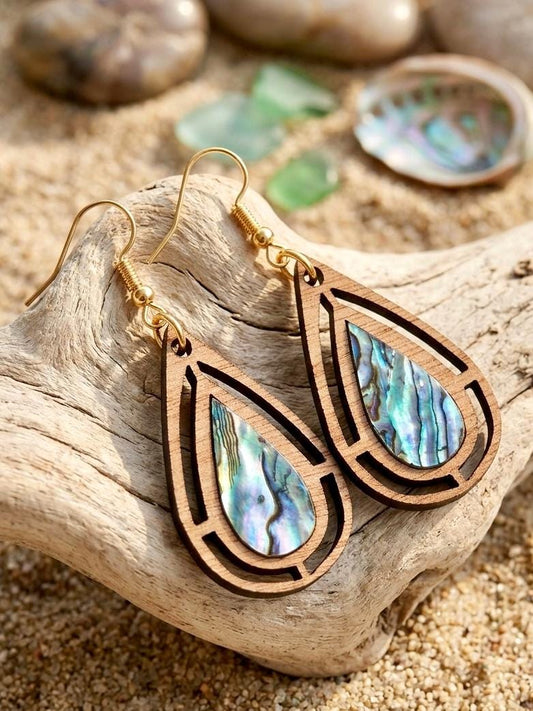 Laser Cut Wood and Abalone Shell Earrings, Geometric Teardrop Wood Dangles, Beachy Boho Jewelry, Surgical Stainless Steel, Gift for Her